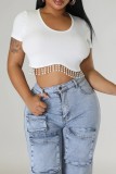 Rose Red Casual Solid Tassel Patchwork O Neck T-Shirts
