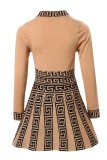 Khaki Casual Print Patchwork O Neck Long Sleeve Dresses