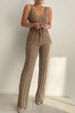 Khaki Casual Solid Vests Pants V Neck Sleeveless Two Pieces