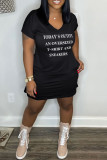 Pink Casual Letter Print Basic V Neck Short Sleeve Dress
