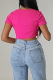 Rose Red Casual Solid Tassel Patchwork O Neck T-Shirts