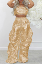 Gold Casual Solid Draw String Strapless Sleeveless Two Pieces