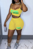 Yellow Sexy Casual Letter Print Basic Spaghetti Strap Sleeveless Two Pieces