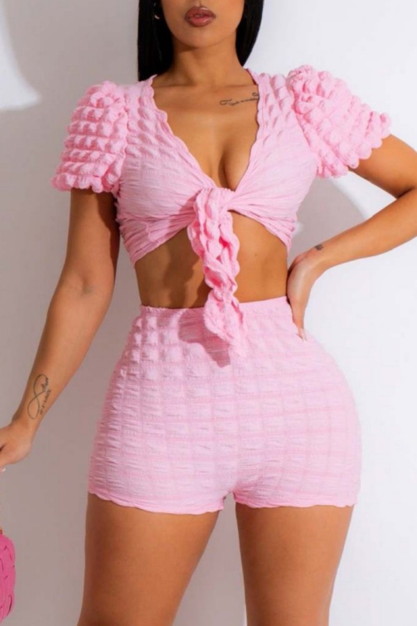 Pink Sexy Casual Solid Bandage V Neck Short Sleeve Two Pieces