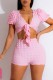Pink Sexy Casual Solid Bandage V Neck Short Sleeve Two Pieces