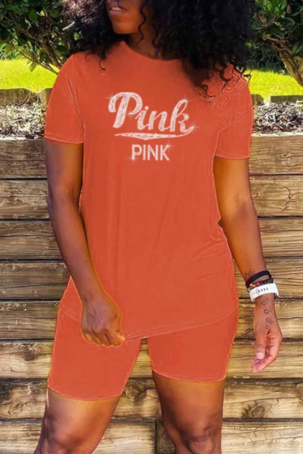 Orange Casual Letter Hot Drill O Neck Short Sleeve Two Pieces