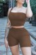Brown Casual Solid Backless One Shoulder Sleeveless Two Pieces