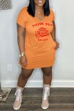 Pink Sexy Print Basic V Neck Short Sleeve Dress
