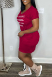 Pink Casual Letter Print Basic V Neck Short Sleeve Dress