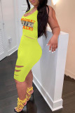 Yellow Casual Print Ripped U Neck Sleeveless Two Pieces