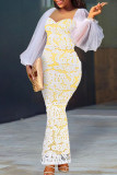 Yellow Elegant Solid Patchwork O Neck Evening Dress Dresses