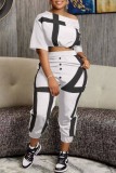 White Casual Print Basic Oblique Collar Half Sleeve Two Pieces