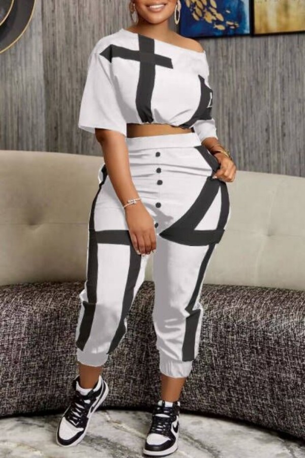 White Casual Print Basic Oblique Collar Half Sleeve Two Pieces