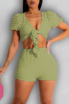 Green Sexy Solid Bandage Patchwork V Neck Short Sleeve Two Pieces