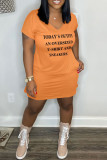 Pink Casual Letter Print Basic V Neck Short Sleeve Dress
