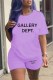 Purple Casual Print Letter O Neck Short Sleeve Two Pieces