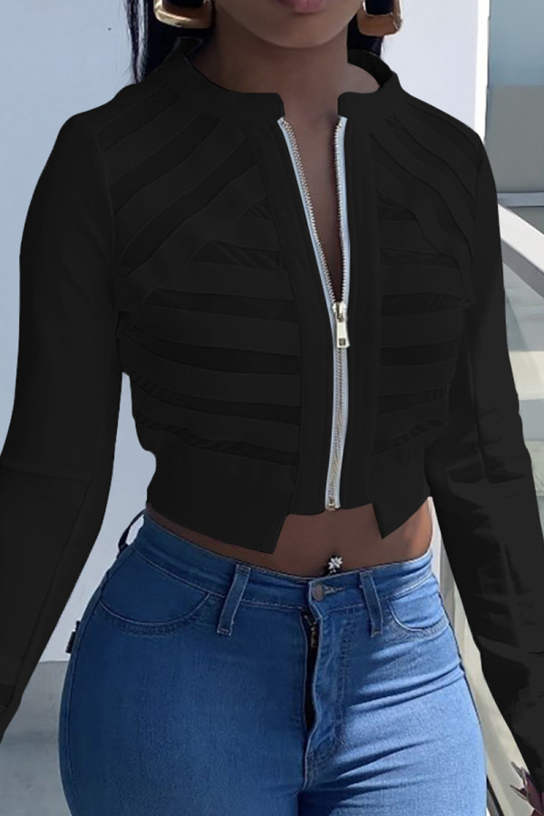 Black Casual Solid Patchwork Zipper Collar Outerwear