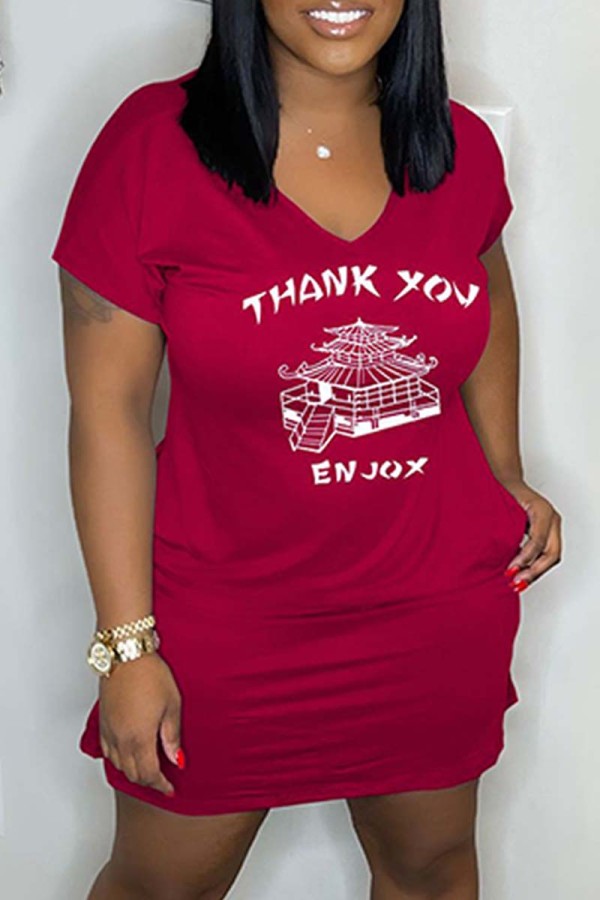Burgundy Sexy Print Basic V Neck Short Sleeve Dress