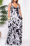 Black And White Sexy Casual Print Backless Spaghetti Strap Regular Jumpsuits