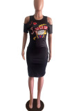 Black Casual Print Hollowed Out O Neck Short Sleeve Dress