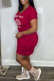 Pink Sexy Print Basic V Neck Short Sleeve Dress