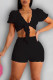 Black Sexy Solid Bandage Patchwork V Neck Short Sleeve Two Pieces
