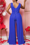 Blue Sexy Elegant Solid Patchwork Slit V Neck Straight Jumpsuits