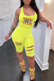 Yellow Casual Print Ripped U Neck Sleeveless Two Pieces