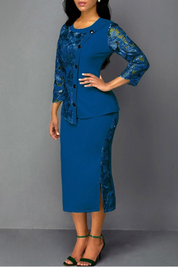 Blue Casual Solid Patchwork O Neck Three Quarter Two Pieces