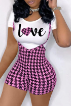 Pink Sexy Print Patchwork O Neck Plus Size Two Pieces