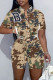 Army Green Casual Letter Camouflage Print Patchwork O Neck Short Sleeve Two Pieces