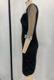Black Casual Solid Patchwork V Neck Pencil Skirt Dresses