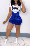 Blue Sexy Print Patchwork O Neck Plus Size Two Pieces