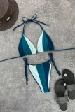 Tibetan Blue Sexy Patchwork Bandage Backless Contrast Swimwears (With Paddings)