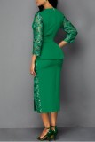 Red Casual Solid Patchwork O Neck Three Quarter Two Pieces