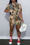Light Brown Casual Letter Camouflage Print Patchwork O Neck Short Sleeve Two Pieces