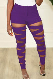 Purple Casual Solid Hollowed Out Patchwork Skinny High Waist Pencil Solid Color Trousers