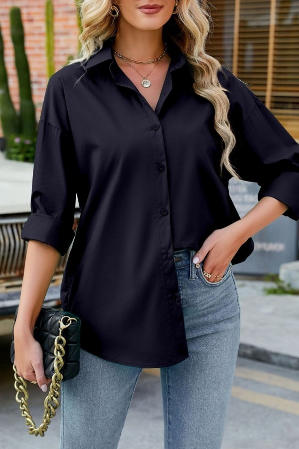 Navy Blue Casual Solid Basic Shirt Collar Tops
