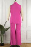 Rose Red Casual Solid Basic Turndown Collar Plus Size Three Piece Set