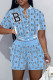 Sky Blue Casual Letter Print Patchwork O Neck Short Sleeve Two Pieces