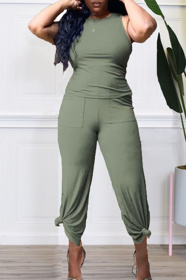 Olive Green Casual Solid Patchwork O Neck Sleeveless Two Pieces