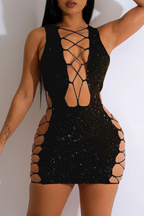 Black Sexy Patchwork Hollowed Out Sequins V Neck Sleeveless Dress Dresses