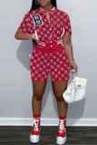 Red Casual Letter Print Patchwork O Neck Short Sleeve Two Pieces