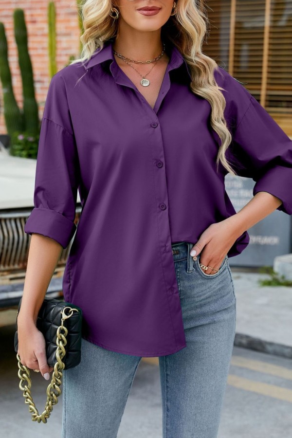Purple Casual Solid Basic Shirt Collar Tops