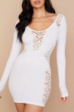 White Sexy Solid Hollowed Out See-through O Neck Long Sleeve Dresses