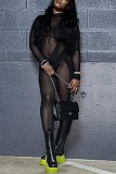 Black Sexy Solid Patchwork See-through O Neck Skinny Jumpsuits