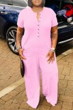 Pink Casual Solid Patchwork O Neck Regular Jumpsuits