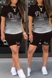Red Casual Letter Hot Drill O Neck Short Sleeve Two Pieces