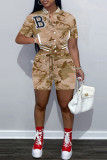 Light Brown Casual Letter Camouflage Print Patchwork O Neck Short Sleeve Two Pieces