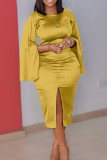 Yellow Elegant Solid Patchwork Slit O Neck One Step Skirt Dresses